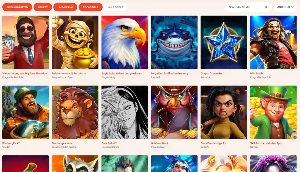 Koi Casino Slot Spiele Auswahl mit verschiedenen Spielautomaten in der Lobby