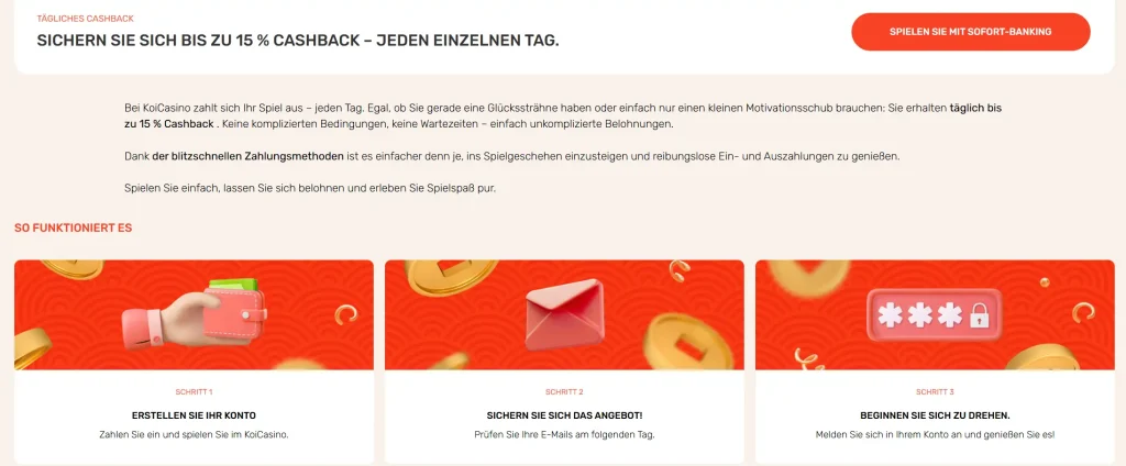 Koi Casino tägliches Cashback Angebot bis zu 15 Prozent